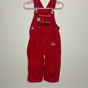Red Kids Overalls with Embroidered Train Design